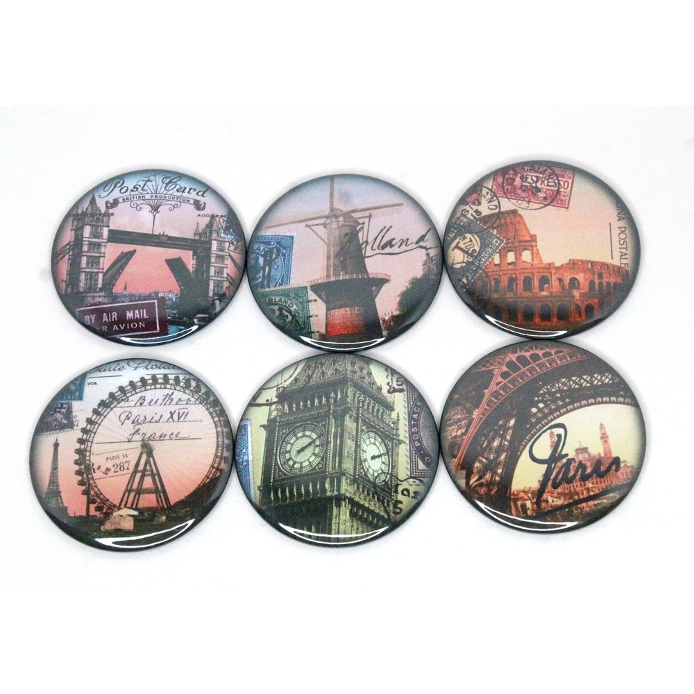 Set of 6 Refrigerator Locker Magnets 2.25" Handmade Bohemian - Travel Dreams